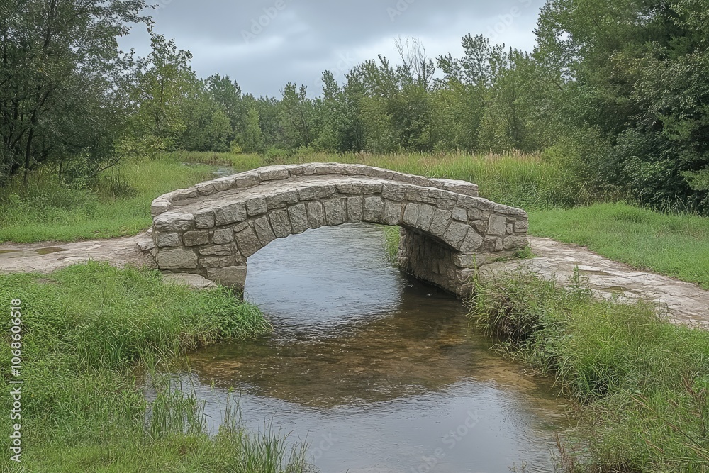 Stone bridge crossing a calm stream in a lush green landscape Stone bridge crossing a calm stream in a lush green landscape
