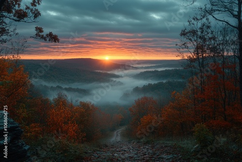 Fog filling valley during colorful autumn sunrise in forest photo