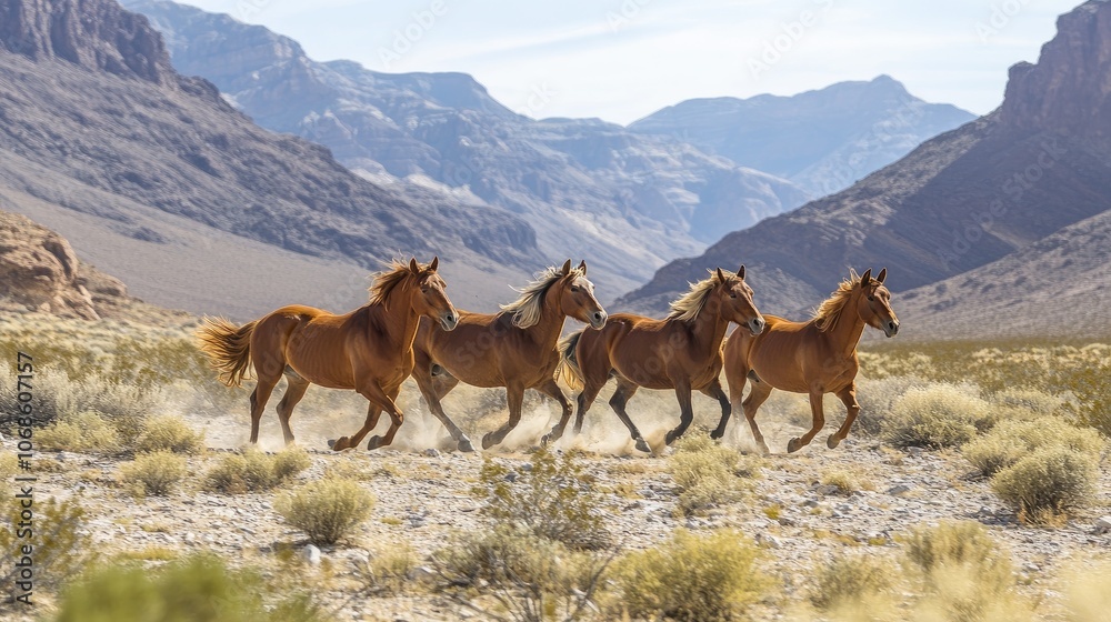 Fototapeta premium Wild horses running free in desert landscape with mountains