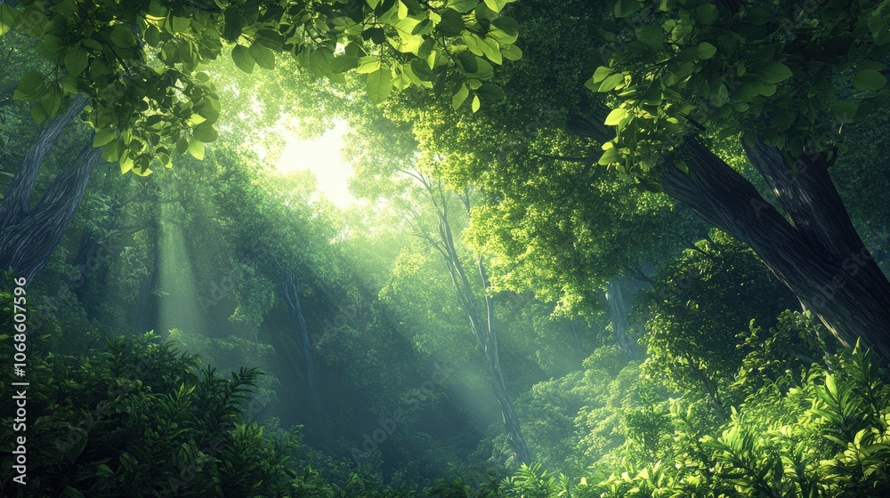 Lush green forest with sunlight streaming through the canopy, creating a serene and vibrant atmosphere. Lush green forest with sunlight streaming through the canopy, creating a serene and vibrant atmosphere.