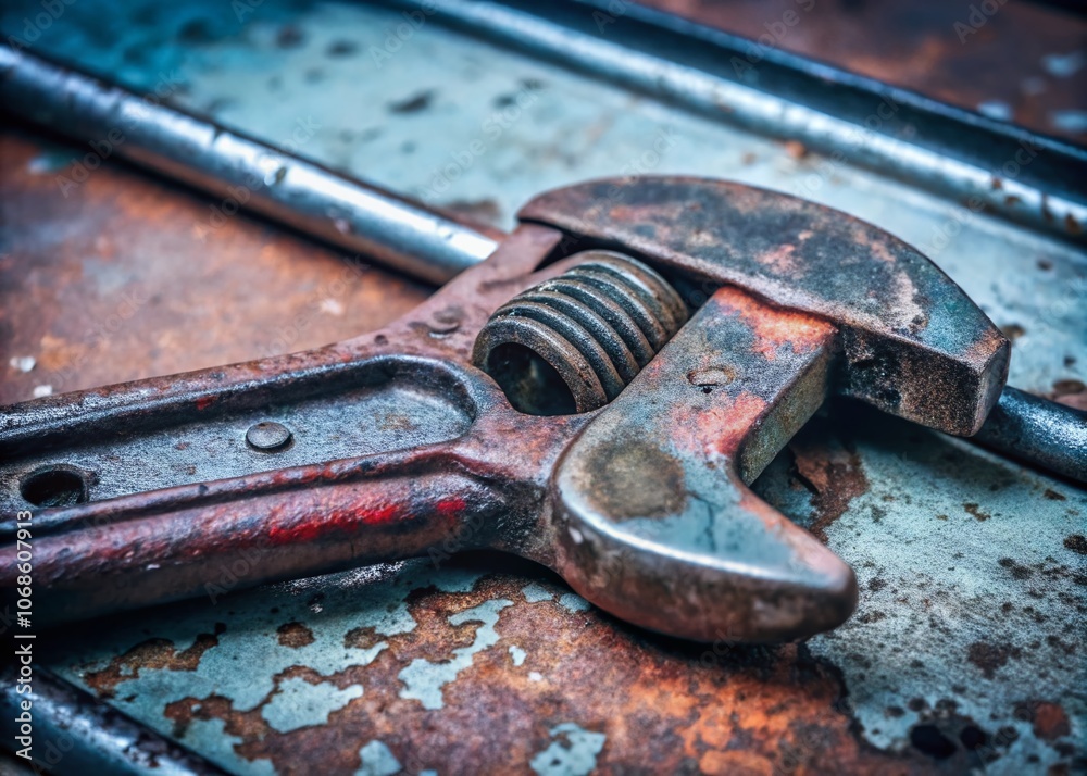 Rusty Wrench on Deteriorating Metal Surface - A Visual Testament to Time and Wear in Industrial Settings Rusty Wrench on Deteriorating Metal Surface - A Visual Testament to Time and Wear in Industrial Settings