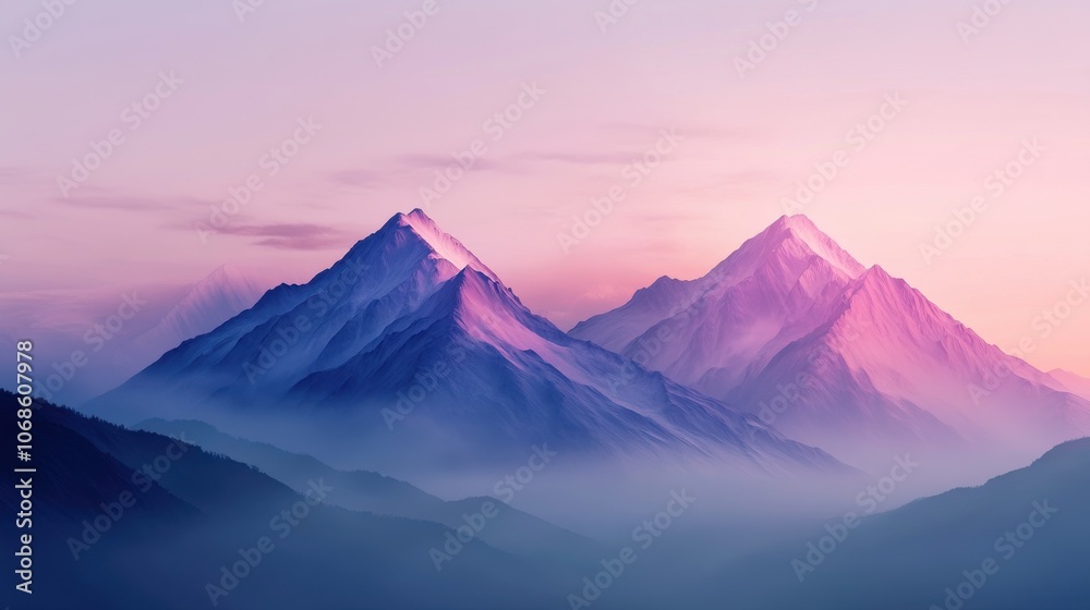 Fototapeta premium Breathtaking mountain landscape at dawn, showcasing misty peaks bathed in soft pink and purple hues.