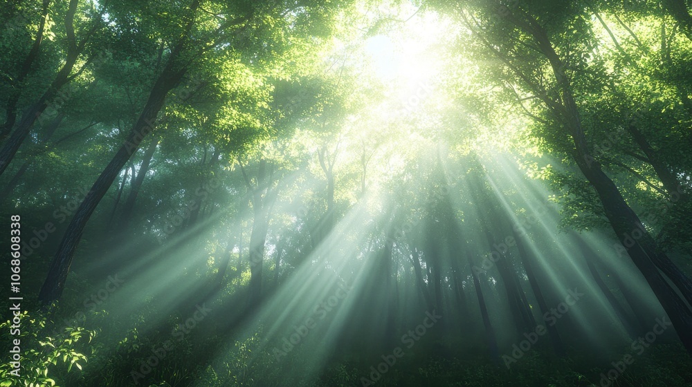 Obraz premium Sunlight filters through a dense forest, creating a serene and magical atmosphere.
