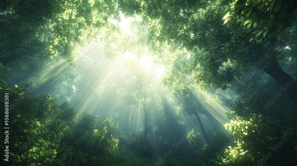 Fototapeta premium A serene forest scene with sunlight filtering through lush green foliage, creating a tranquil atmosphere.