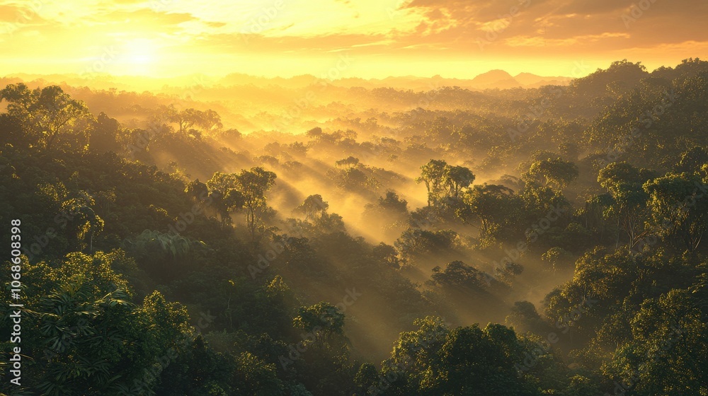A breathtaking view of a dense tropical forest at sunrise, with golden rays piercing through the misty treetops.