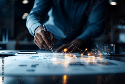 A businessman in a dark shirt analyzes printed charts, using a pen. Digital graphs with glowing connections hover over the table, reflecting data visualization.