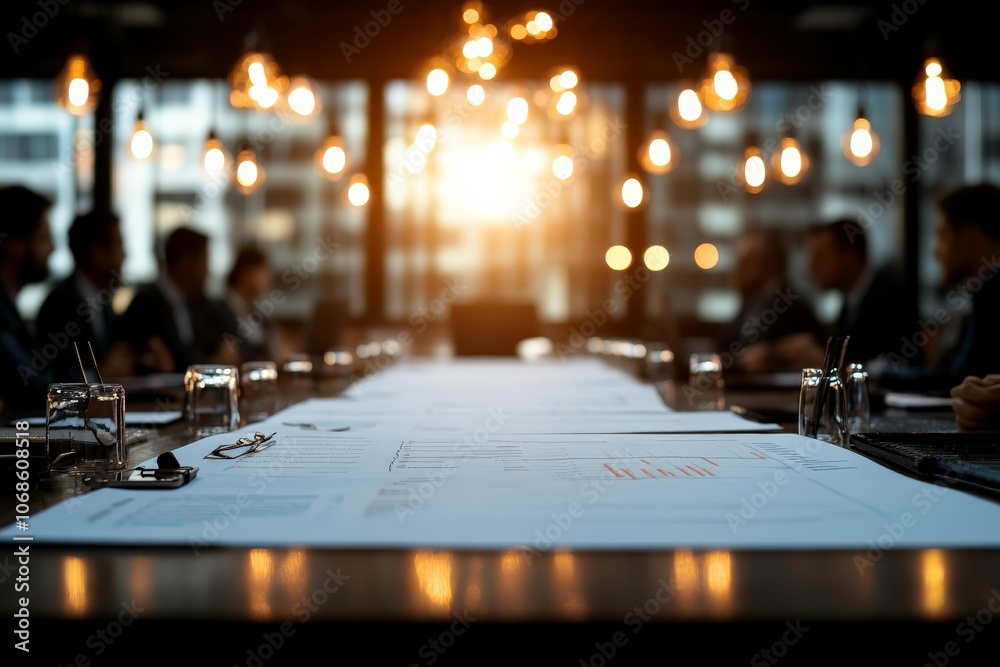 A modern boardroom bathed in warm sunlight, capturing a business meeting in session with papers spread on a large table, symbolizing corporate collaboration. A modern boardroom bathed in warm sunlight, capturing a business meeting in session with papers spread on a large table, symbolizing corporate collaboration.