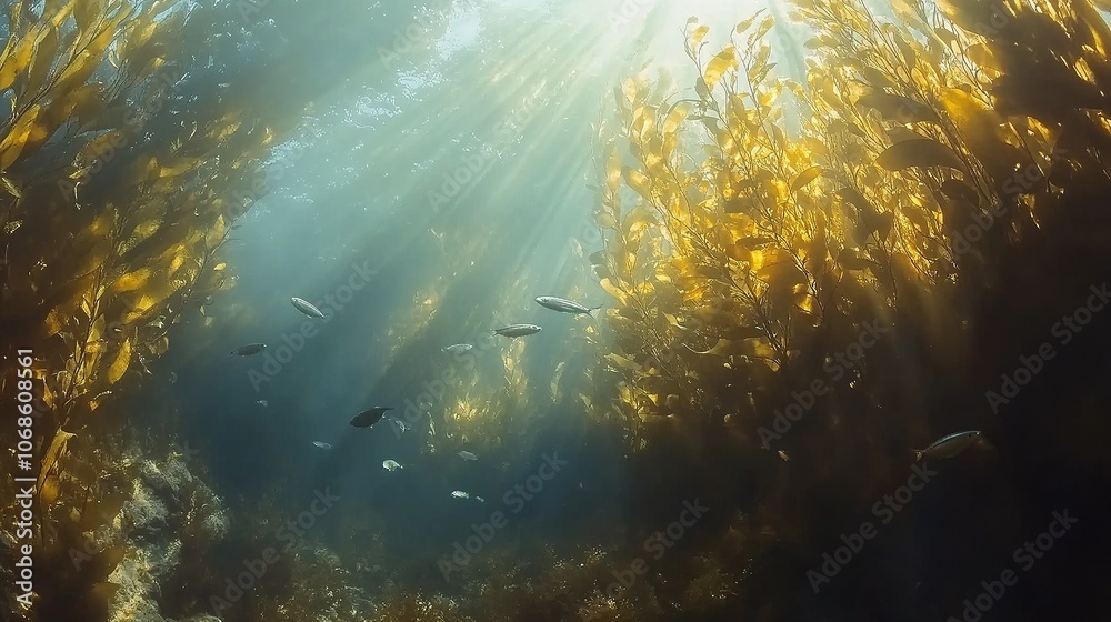 Obraz premium Sunlit kelp forest underwater with small fish.
