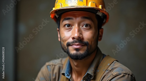 Tired asian construction worker covered in mud posing in studio