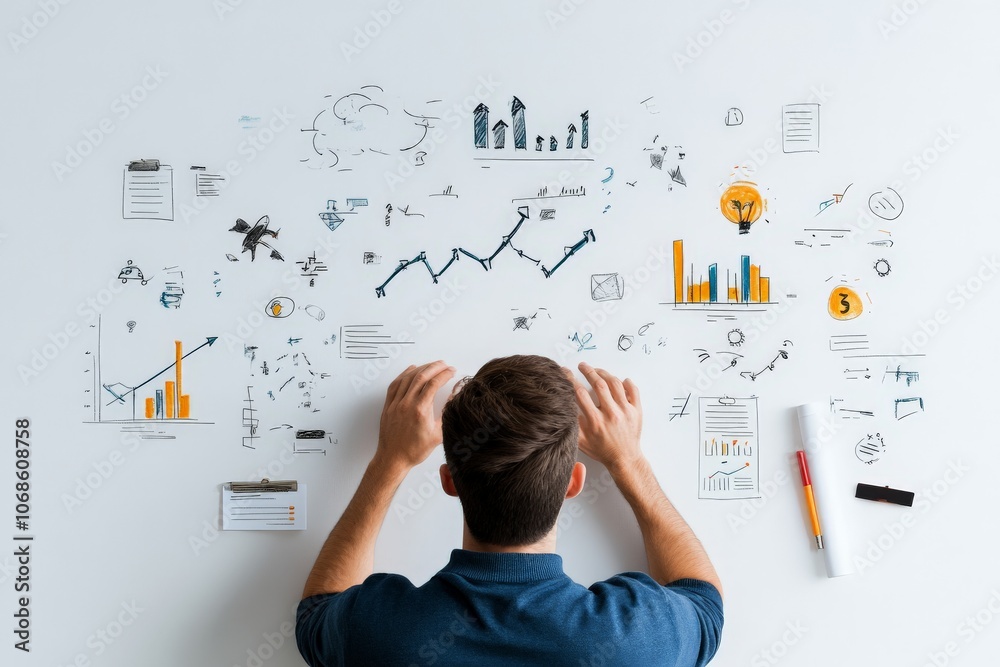A professional visualizes growth strategies on a whiteboard adorned with sketches and graphs, reflecting planning, creativity, and strategic business thinking. A professional visualizes growth strategies on a whiteboard adorned with sketches and graphs, reflecting planning, creativity, and strategic business thinking.