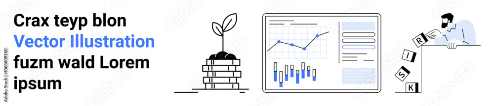 Stack of coins with growing plant, statistical chart with graphs, person analyzing data, letters blocks. Ideal for financial growth, data analysis, investment, business development, learning Stack of coins with growing plant, statistical chart with graphs, person analyzing data, letters blocks. Ideal for financial growth, data analysis, investment, business development, learning