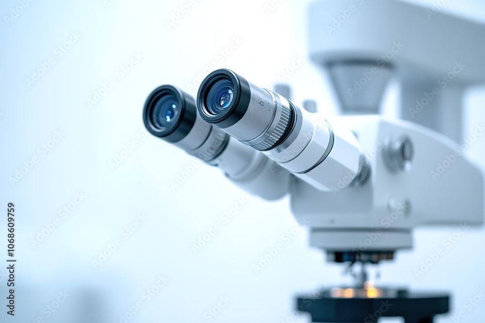Close-up of microscope lenses in a lab setting Close-up of microscope lenses in a lab setting