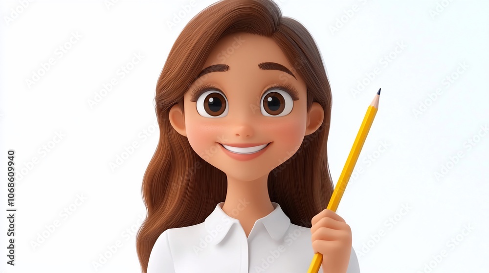 Smiling cartoon woman holding a pencil, looking at the camera. Smiling cartoon woman holding a pencil, looking at the camera.