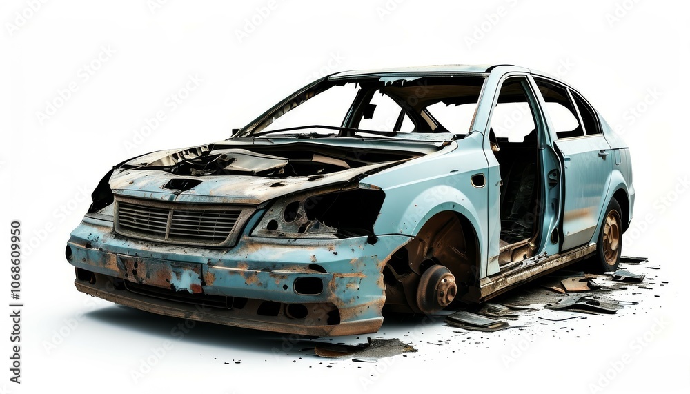 The wrecked car is damaged and rusty - scrap metal, highlighted on a white background The wrecked car is damaged and rusty - scrap metal, highlighted on a white background