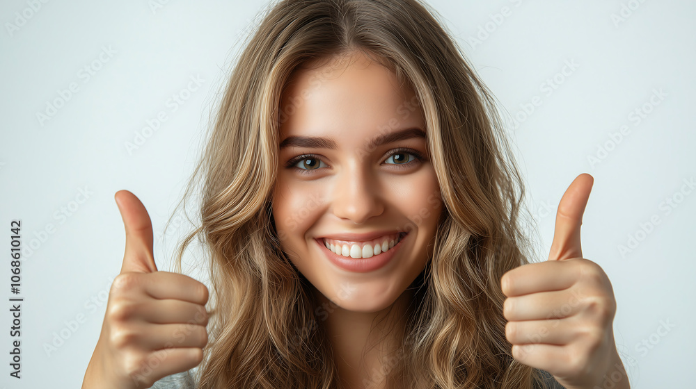 Smiling Woman Giving Double Thumbs Up Gesture Smiling Woman Giving Double Thumbs Up Gesture