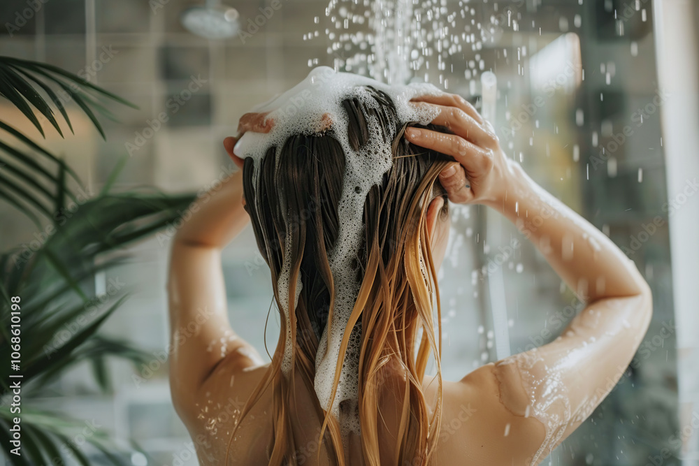 Naklejka premium Woman washes her hair in the shower, her hands lathering shampoo into her wet hair.