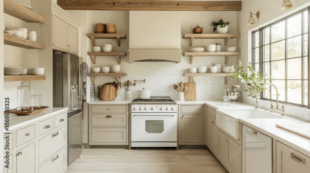 Rustic Farmhouse Kitchen with White Cabinets, Open Shelving, and a Farmhouse Sink Rustic Farmhouse Kitchen with White Cabinets, Open Shelving, and a Farmhouse Sink