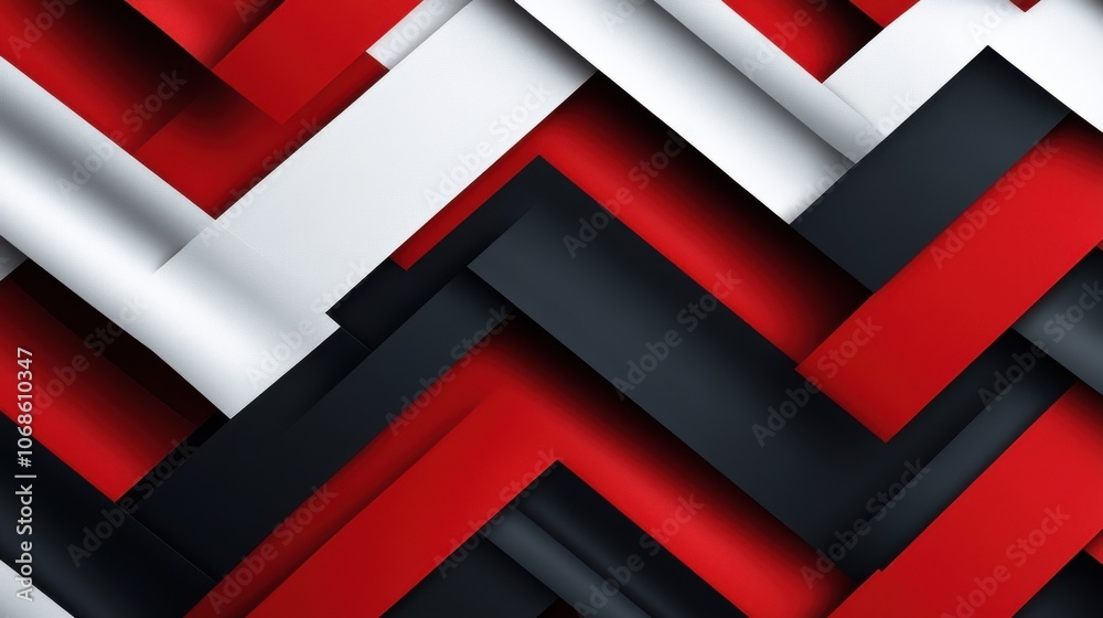 Bold geometric patterns in red, black, and white create a striking visual effect. Bold geometric patterns in red, black, and white create a striking visual effect.