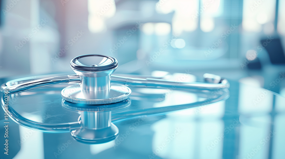 Close-up of stethoscope on a glass table in bright medical office. Close-up of stethoscope on a glass table in bright medical office.