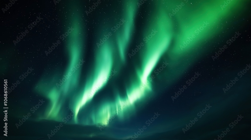 Vibrant green aurora lights illuminate the night sky with scattered stars visible against a dark backdrop, creating a natural celestial display.