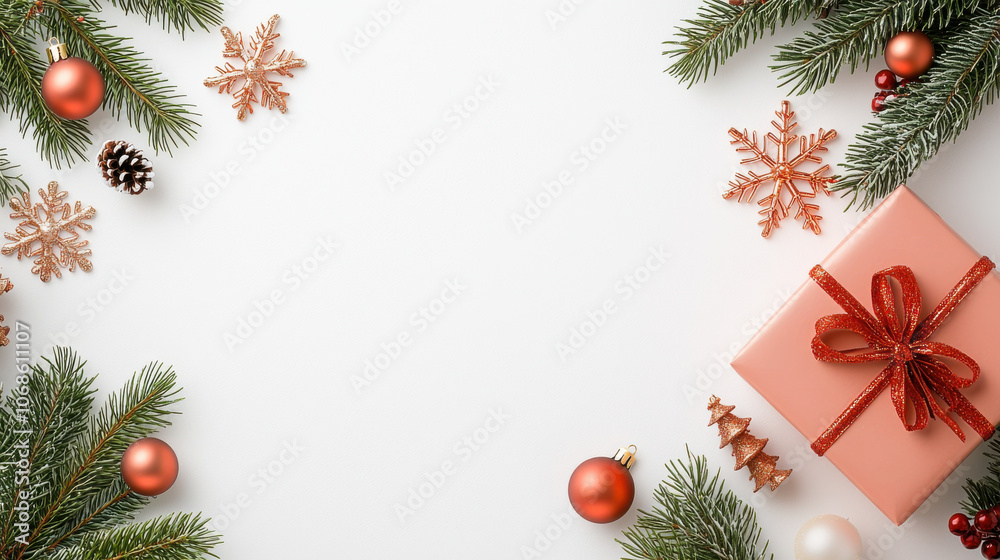 Festive Christmas background with pine branches, ornaments, and gift box Festive Christmas background with pine branches, ornaments, and gift box