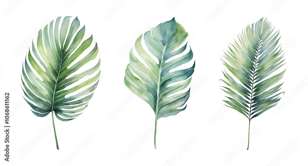 Obraz premium Tropical green leaves watercolor illustration