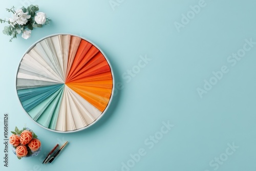 A vibrant pie chart with various color segments on a teal background, accompanied by decorative flowers and pens, symbolizing data visualization and creativity. photo