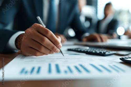 A close-up of a businessman’s hand holding a pen while analyzing financial documents, conveying themes of management, finance, and productive business analysis. photo