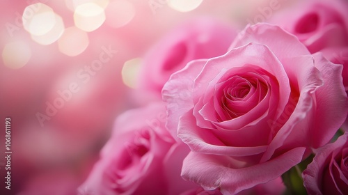 Close-up of delicate pink roses with soft bokeh background, exuding romance and beauty.