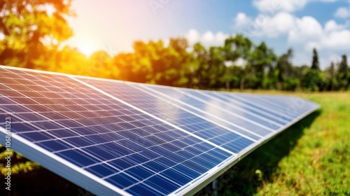 Aerial view of solar energy panels installed in a lush green field surrounded by trees under a bright sunny sky with white clouds Renewable clean energy concept for a sustainable future