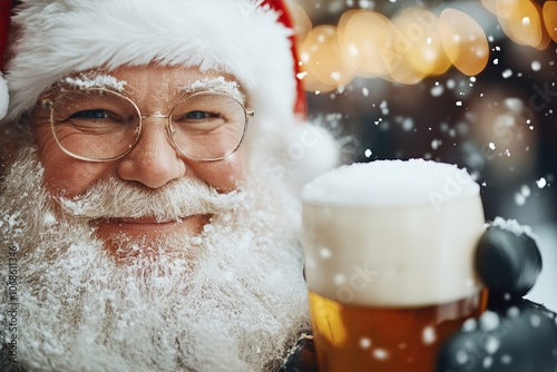 A cheerful Santa Claus smiling with a glass of beer, frothy and inviting, in a festive setting with snowflakes falling around, embodying holiday spirit and joy. photo