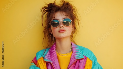 Young woman models vibrant fashion against bold yellow background