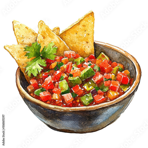 A watercolor painting of a bowl of spicy salsa with a side of tortilla chips.