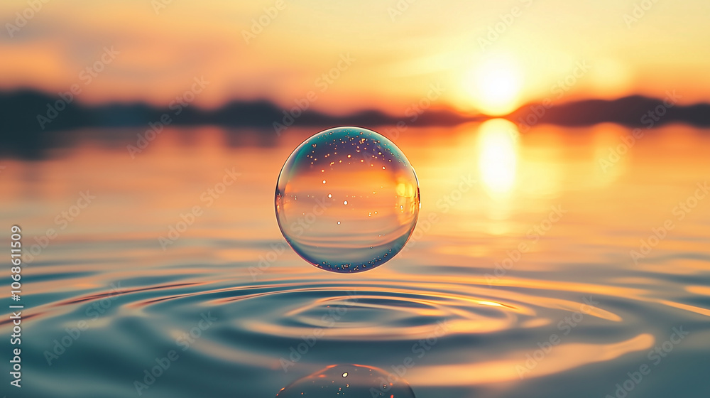 A single bubble floating above a calm water surface at sunset. A single bubble floating above a calm water surface at sunset.