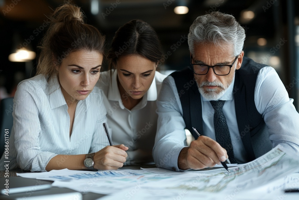 Fototapeta premium A mixed-aged group intensely working on printed charts, symbolizing collaboration, expertise, and dedication in a structured, professional setup.