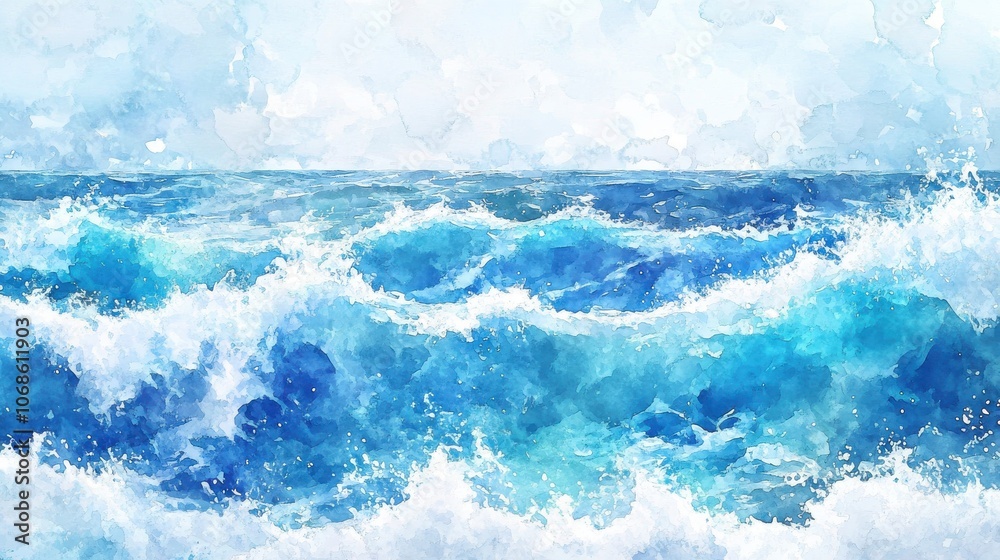 Obraz premium Vibrant watercolor seascape depicting crashing waves in shades of blue and white, evoking a sense of tranquility.