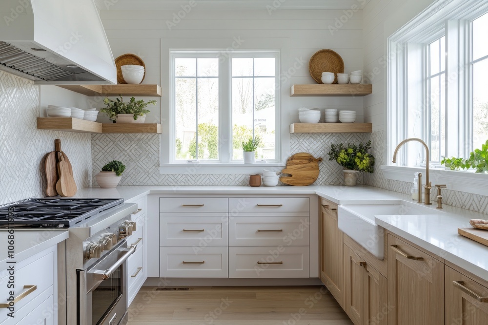 Fototapeta premium Modern Kitchen with White Cabinets, Wood Accents, and a Farmhouse Sink
