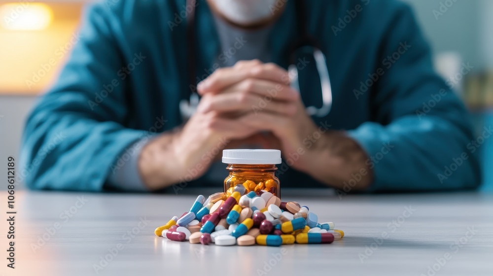 Close up shot of a variety of colorful medication capsules and pills arranged inside a transparent prescription bottle or container The diverse medications represent different treatments Close up shot of a variety of colorful medication capsules and pills arranged inside a transparent prescription bottle or container The diverse medications represent different treatments