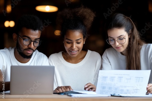 A diverse group of three people, two women and one man, happily collaborate over a laptop and printed documents, sharing ideas and knowledge in a cozy setting.