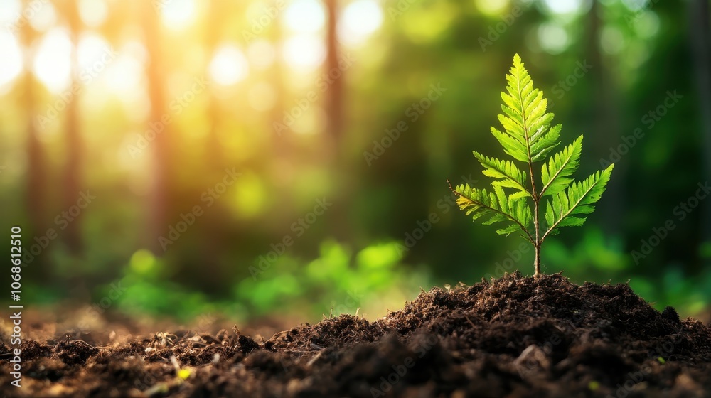 Closeup of a young green leaf sprouting from rich dark soil in a dense verdant forest Concept of new growth life renewal and sustainable natural ecosystems Closeup of a young green leaf sprouting from rich dark soil in a dense verdant forest Concept of new growth life renewal and sustainable natural ecosystems