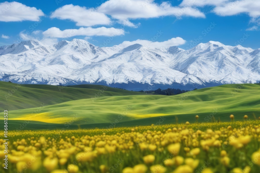 Fototapeta premium Beautiful meadow with green grass and colorful flowers stretches towards the majestic mountains under a clear blue sky Southern Xinjiang