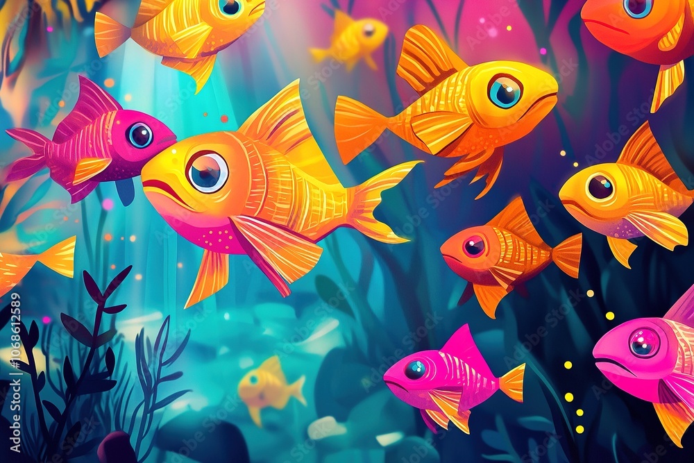 Fototapeta premium Colorful fish in whimsical underwater illustration.
