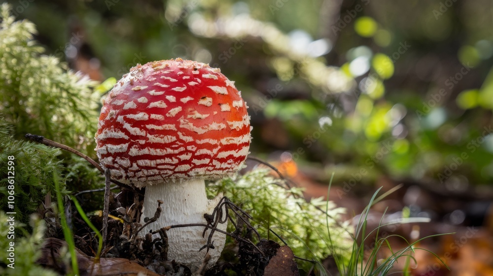A photo of the Amanita muscaria mushroom, showing its famous bright red hat with white specks against a background of lush green moss and mottled sunlight making its way through the forest canopy. A photo of the Amanita muscaria mushroom, showing its famous bright red hat with white specks against a background of lush green moss and mottled sunlight making its way through the forest canopy.