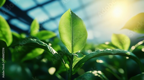 Closeup of Lush Vibrant Green Leaves in a Peaceful Serene Nature Scenery with Soft Warm Sunlight Filtering Through the Foliage  Tranquil Botanical Background with Detailed Textures and Patterns photo