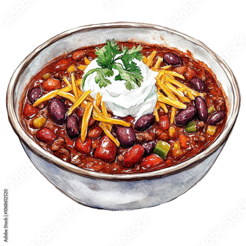 A watercolor painting of a hearty bowl of chili topped with sour cream and cheese.