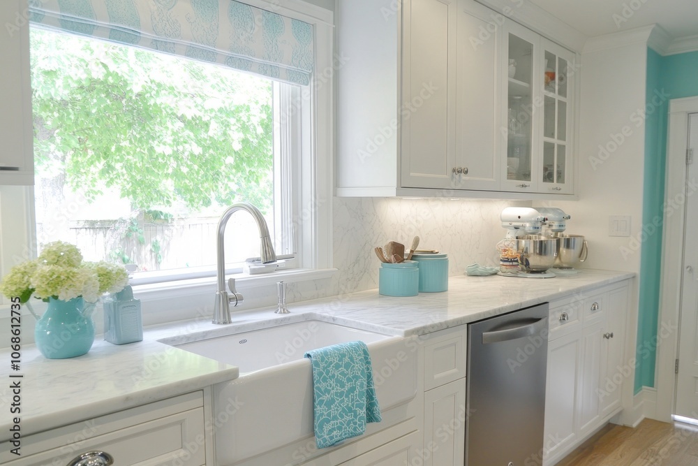 Fototapeta premium White Kitchen with Farmhouse Sink and Blue Accents
