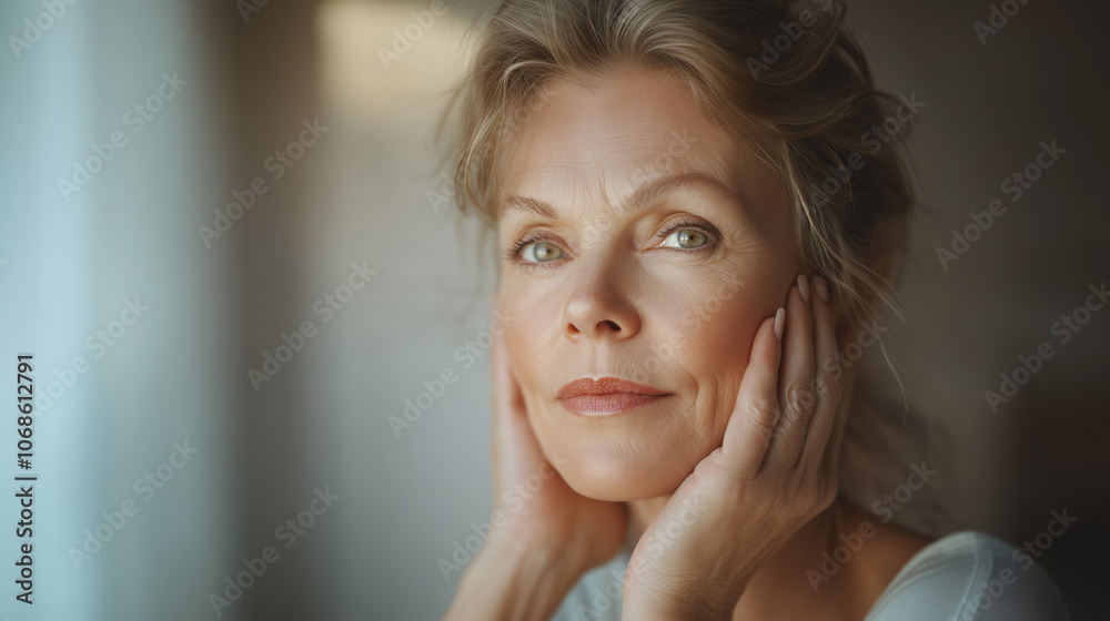 elegant mature woman with radiant skin, embracing natural beauty, self-confidence, and timeless grace, perfect for skincare and wellness themes elegant mature woman with radiant skin, embracing natural beauty, self-confidence, and timeless grace, perfect for skincare and wellness themes