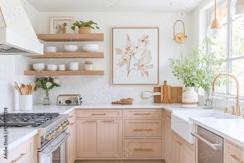 Light and airy kitchen with wooden shelves, white cabinets, and a farmhouse sink. photo