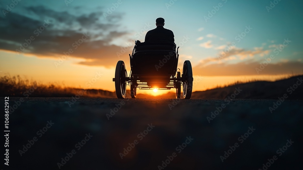 Fototapeta premium Silhouette of a person sitting in an antique horse-drawn carriage on a rural road during sunset, with a dramatic sky in the background