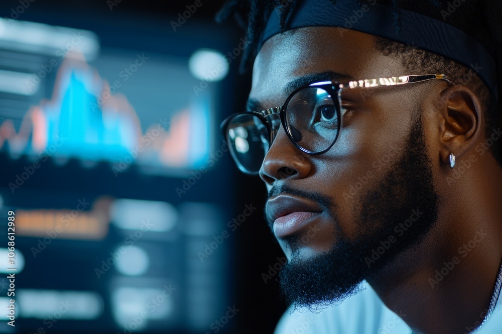 A focused man is shown closely, with data graphs in the background, conveying concentration, problem-solving, and analytical skills in a tech-savvy setting.
